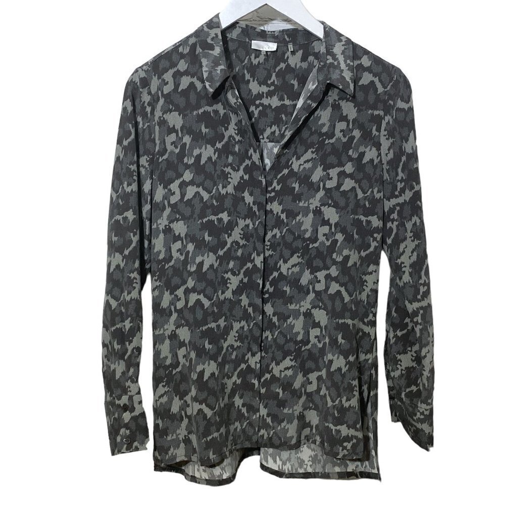 ECRU STYLE Womens Silk Blouse Size XS Gray Camo Long Sleeve Top Button up